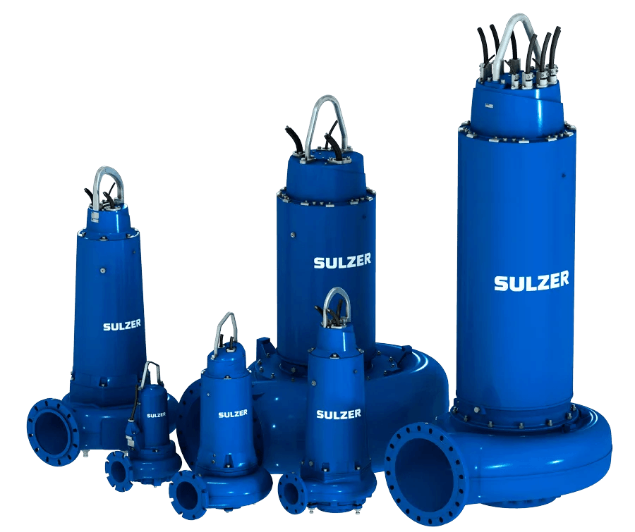 A group of blue sulzer pumps on a white background
