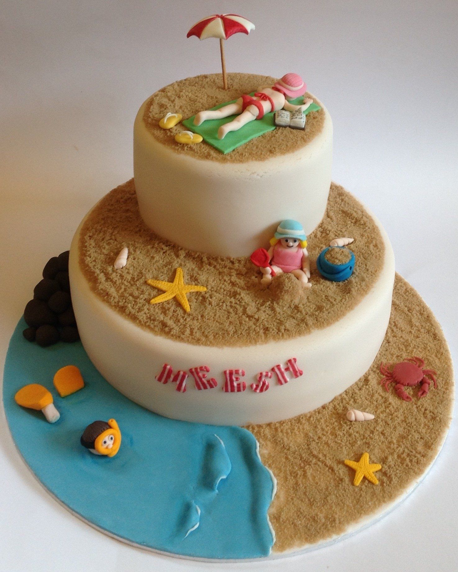 2 tiered fondant seaside cake with sand created by A Cherry On Top, Isle of Wight.