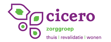 Cicero Zorggroep logo in purple and green with the words thuis, revalidatie, wonen