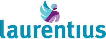 Het Laurentius-logo met turquoise tekst en daarboven een paarsblauw abstract figuurtje.