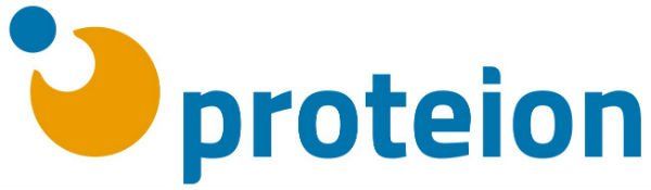 Het Proteion-logo met een blauw en oranje cirkelvormig pictogram en een blauw woordmerk.