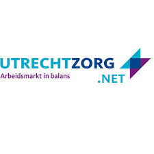 Utrechtzorg .NET-logo met een geometrisch patroon in turquoise, paars en bordeauxrood op een witte achtergrond.