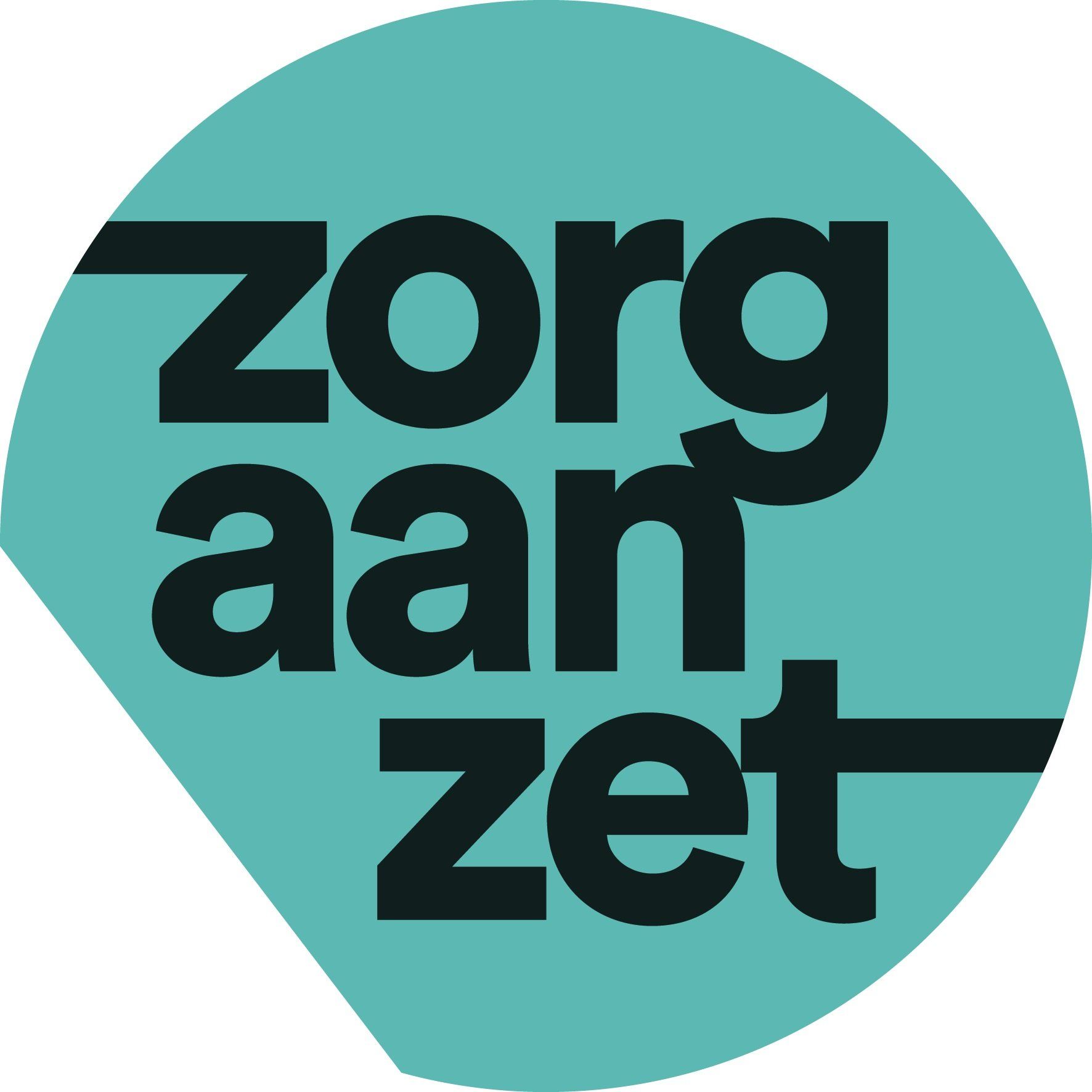 Teal circular logo with black text reading “zorg aan zet”