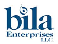 A blue and white logo for bila enterprises llc.