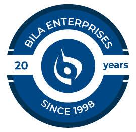 A blue and white logo for bila enterprises since 1998