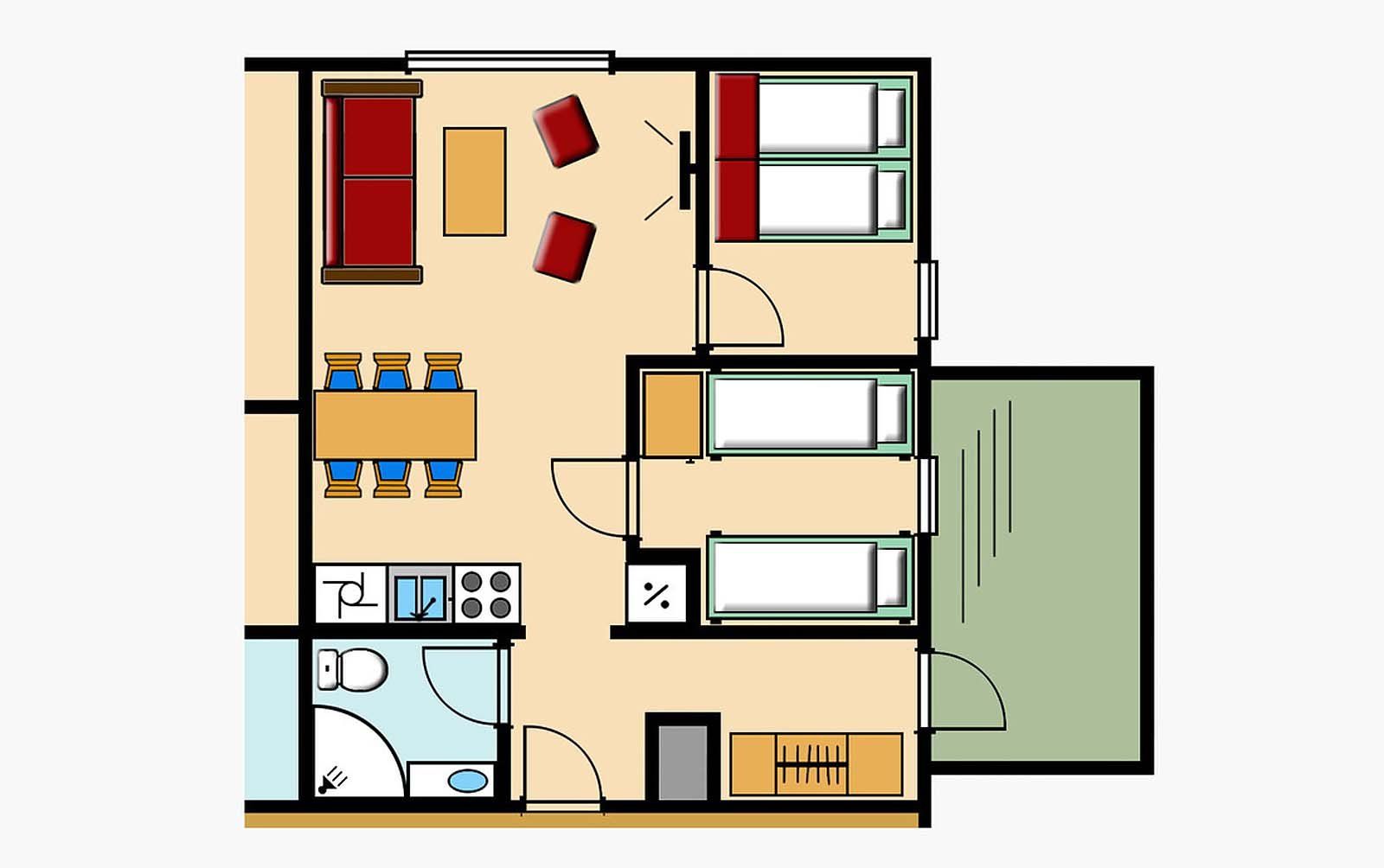 En planløsning av et hus med stue, spisestue og soverom.
