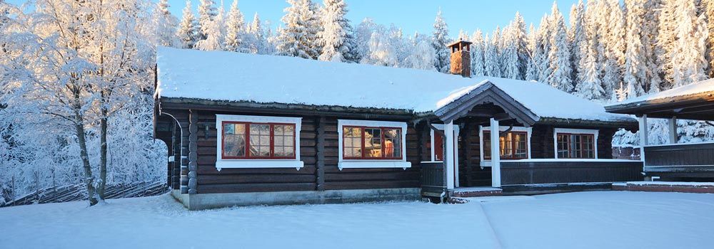 Et trehus er dekket av snø midt i en snødekt skog.