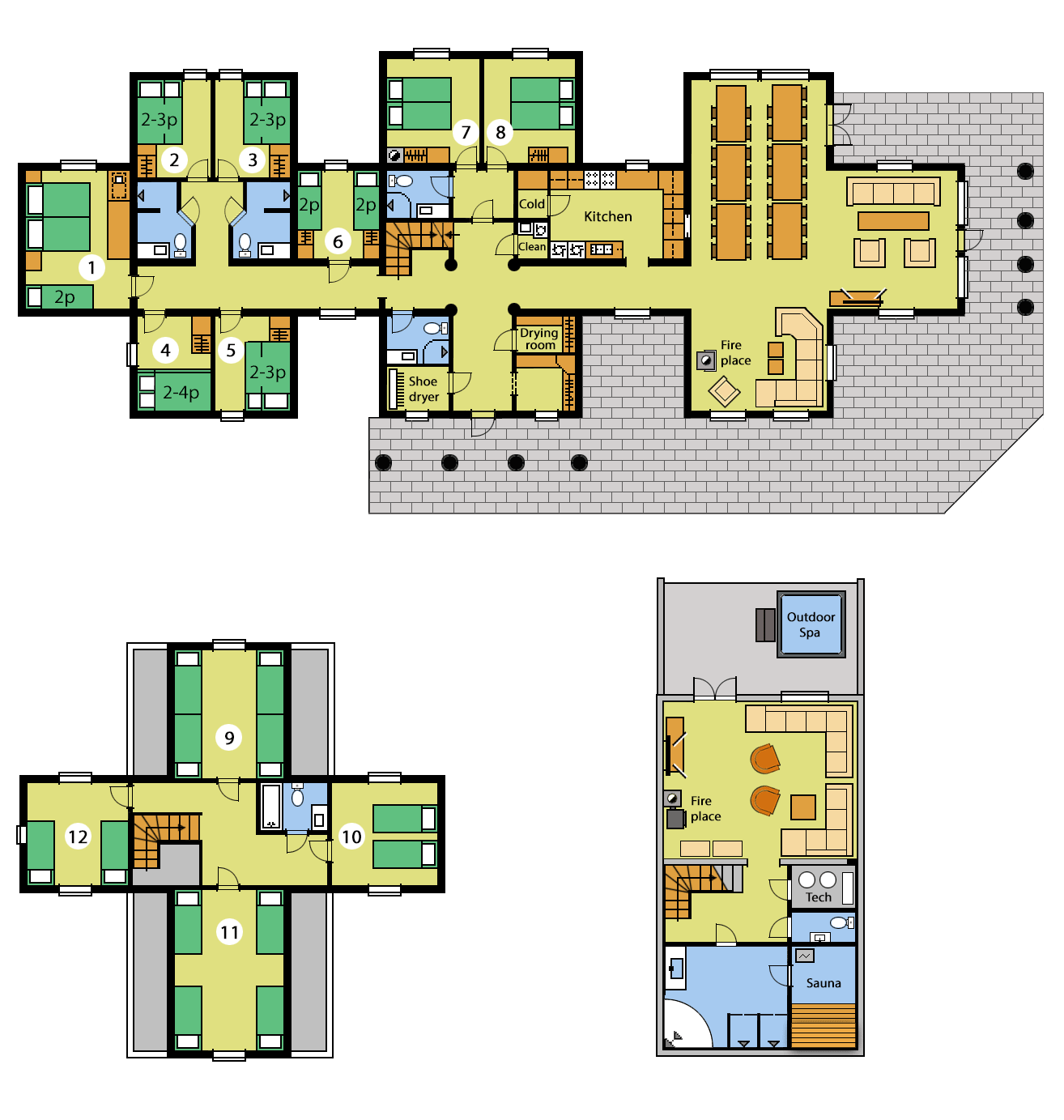 Tre plantegninger av et hus med nummer 1 til 12