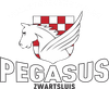 Logo van Pegasus Zwartsluis, een gevleugeld paard met een rood-wit geblokt wapen boven het woord