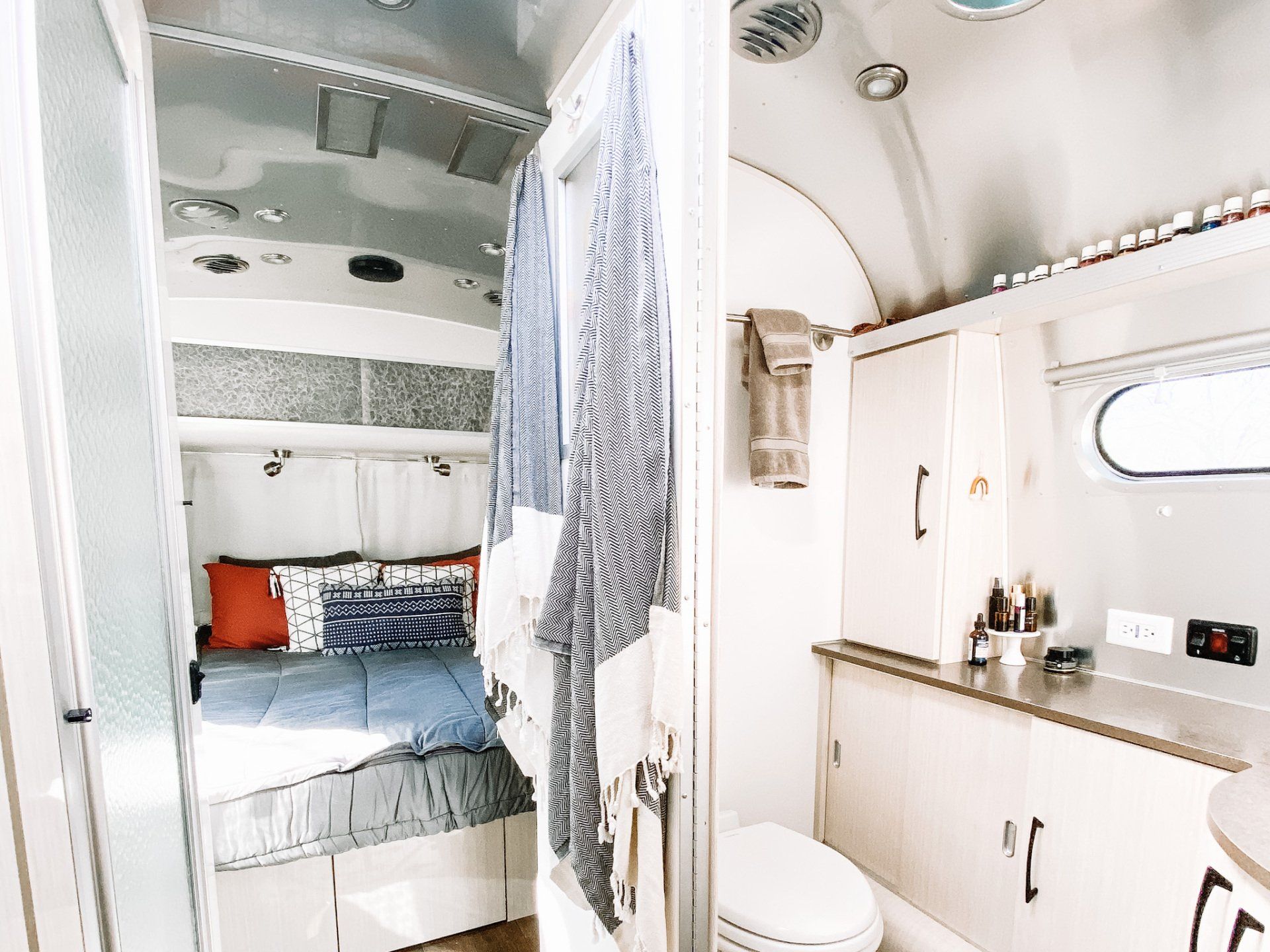Turkish Towels View of Airstream Bathroom with Turkish Towels hanging up