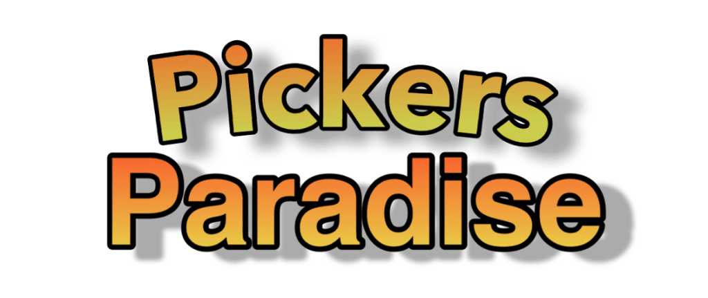 Pickers Paradise logo with orange and yellow gradient letters, a black outline and a grey shadow.