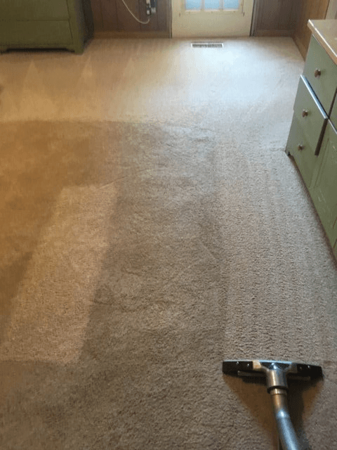 A vacuum cleaner is sitting on a carpeted floor in a room.