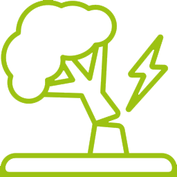 Green line icon of a person struck by lightning under a cloud on a platform