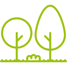 Simple green line drawing of two trees and small bushes on grass