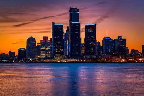 The Detroit, MI skyline at sunset.