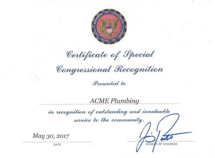 Plumbing — Special Congressional Recognition in Salinas, CA