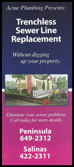 Ad for Acme Plumbing: Trenchless Sewer Line Replacement; Peninsula, Salinas phone numbers; purple, blue, image of a house.
