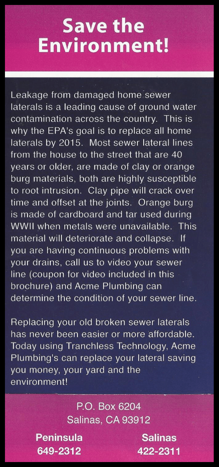 Advertisement for plumbing services with a pink and blue gradient background; text encourages replacing old sewer lines.