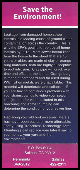 Advertisement for plumbing services with a pink and blue gradient background; text encourages replacing old sewer lines.