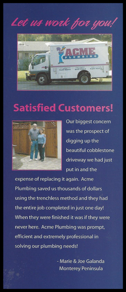 Advertisement for Acme Plumbing featuring a truck, satisfied customers, and text on a dark blue background.