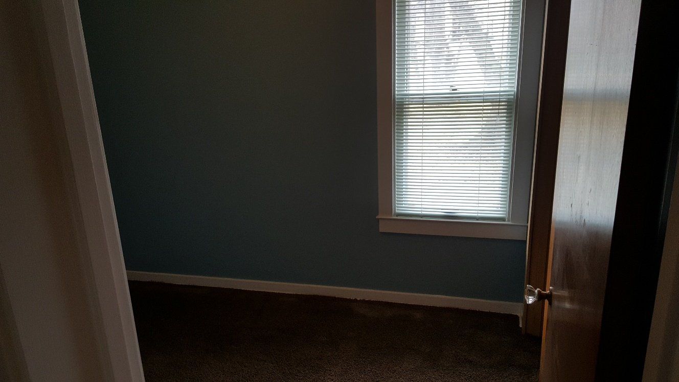Empty room with teal walls, brown carpet, and a window with blinds.