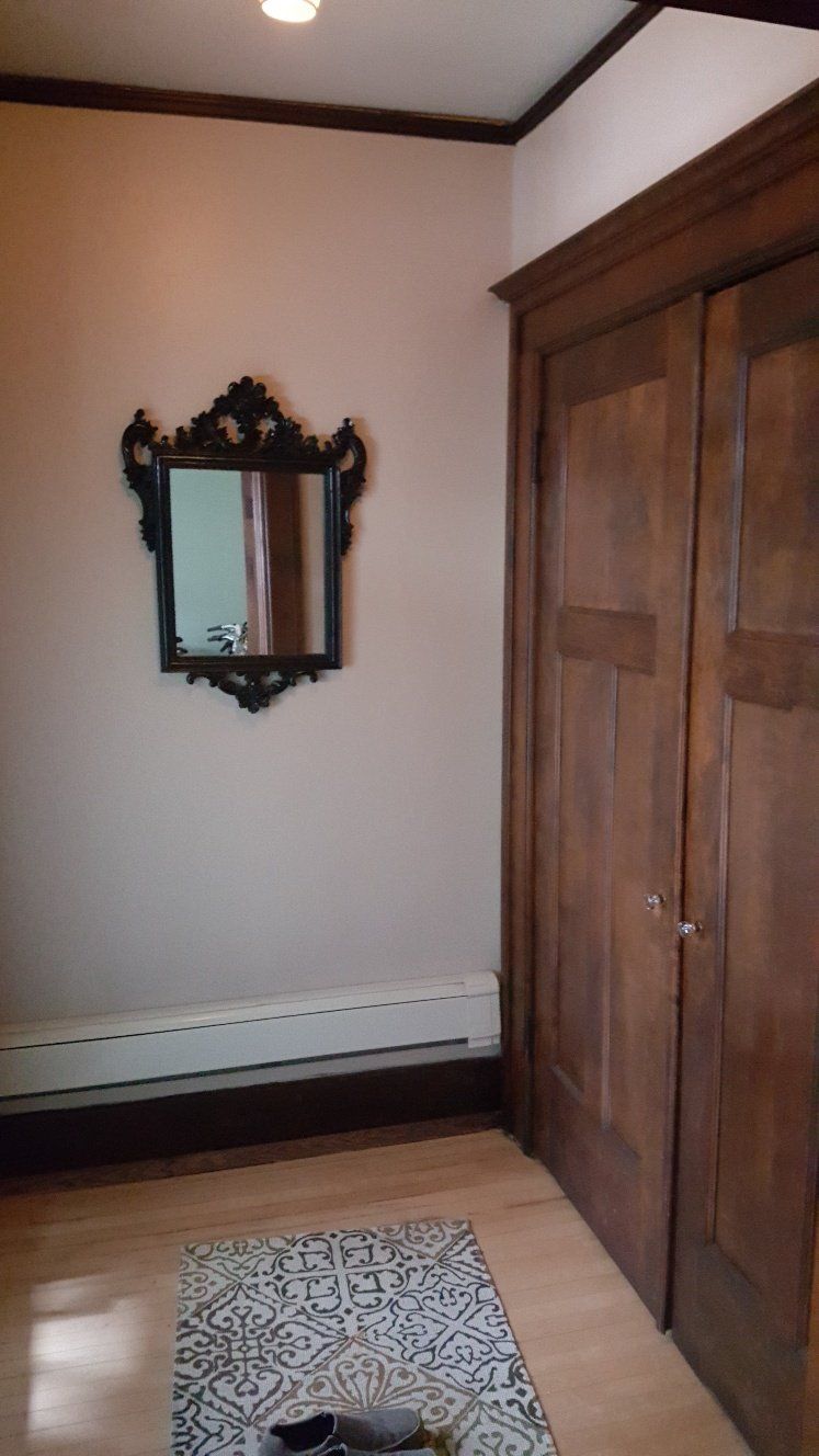 Mirror above a radiator and rug, next to two dark wood doors.