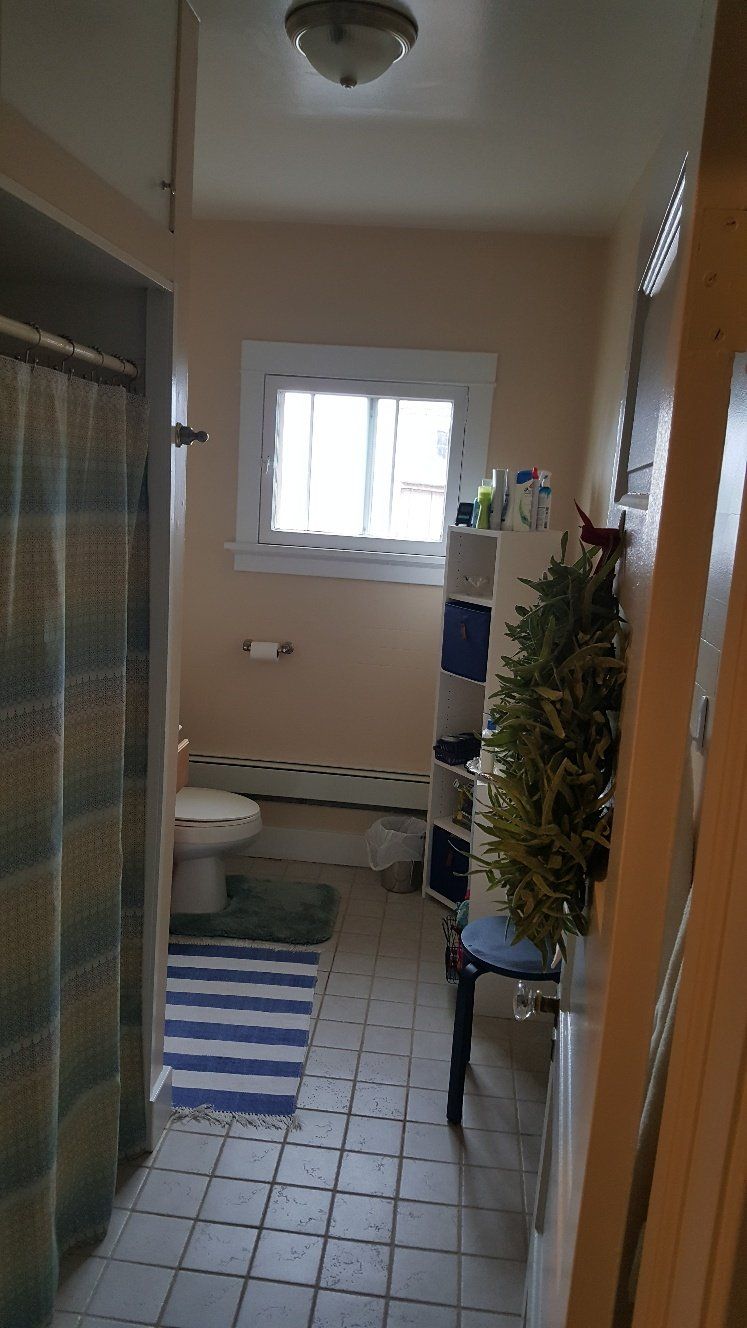 Narrow bathroom with shower, toilet, window, and storage shelf. Beige walls, blue and white rug, and tiled floor.