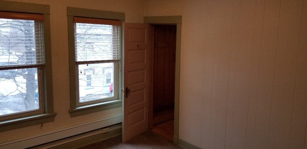 Room interior with two windows, closet door, and pale green trim.