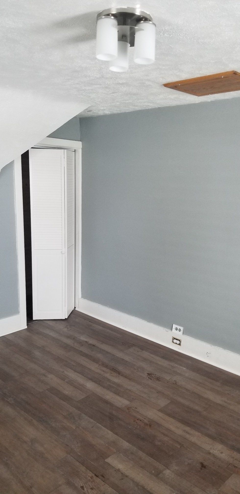 Empty room with gray walls, white trim, and a bi-fold door. Brown wood-look floor. Ceiling light.