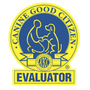 AKC Canine Good Citizen Evaluator logo in blue and yellow with dog silhouettes and ribbon emblem
