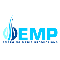 the logo for emerging media productions is blue and white .