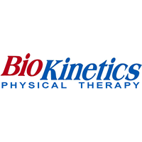 the logo for biokinetics physical therapy is red and blue .