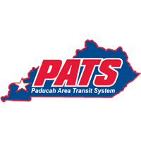 the pats paducah area transit system logo is a blue and red logo with a map of kentucky .