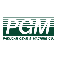 a green and white logo for paducah gear and machine co.