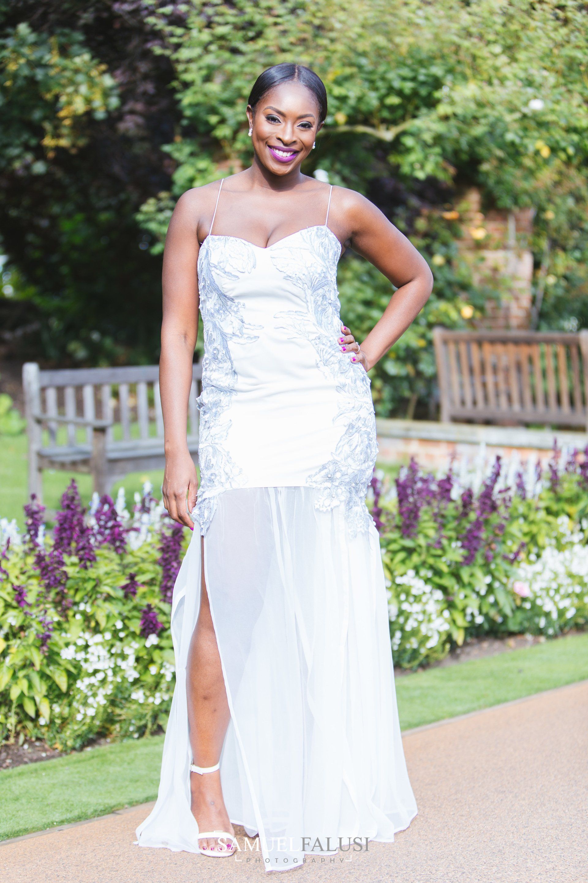 wedding dress model hands on hips