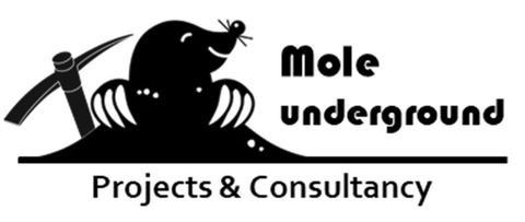 Het logo van Mole Underground Projects & Consultancy toont een zwarte molsilhouet en tekst op een witte achtergrond.