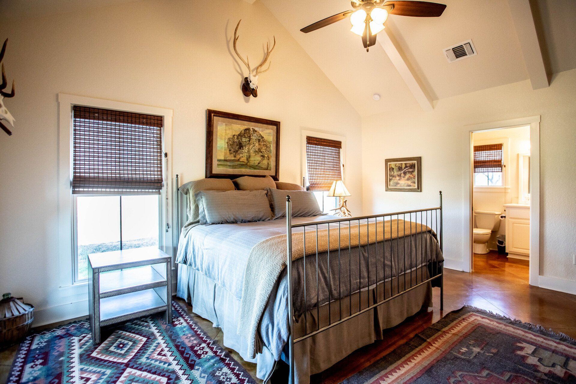 Bedroom with a metal bed frame, two windows with blinds, artwork, and a rug on a wooden floor.