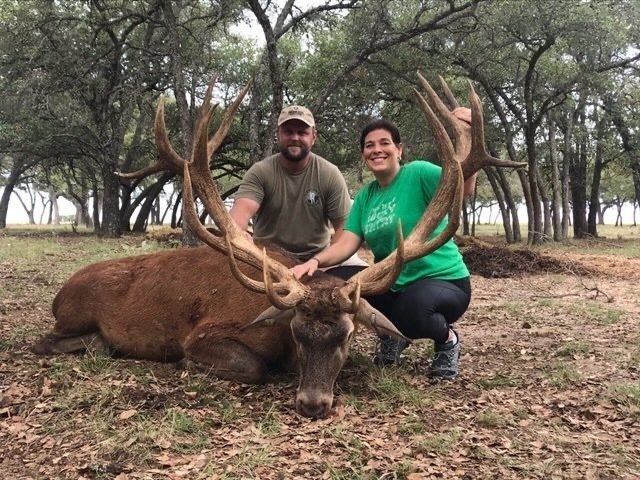 Man and woman kneel beside a large deer with massive antlers in an outdoor setting.