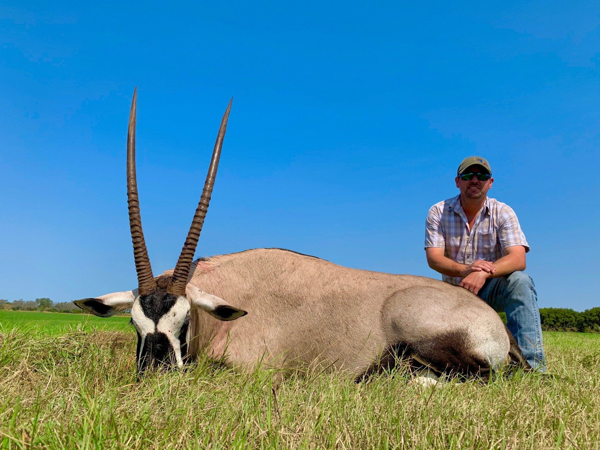 Man poses with an oryx he hunted on a grassy field, against a blue sky.