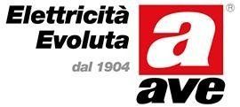 Logo AVE con la scritta “Elettricità Evoluta dal 1904” in nero, rosso e grigio su sfondo bianco