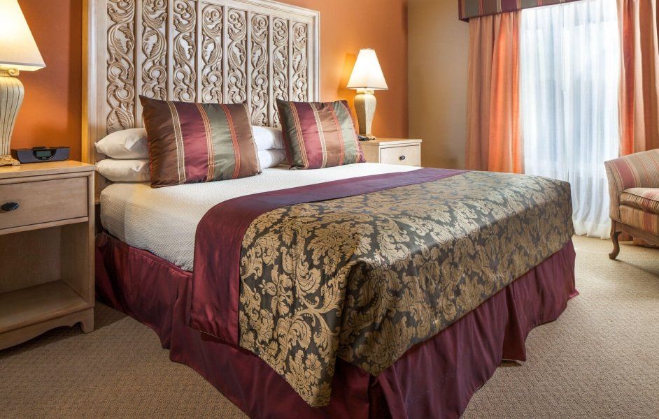 Elegant hotel bedroom with a king bed, patterned bedding, nightstands, lamps, and sheer-curtained window.