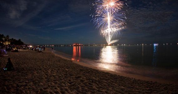 Fireworks burst over a beach at night, reflecting on the water as people watch from the shore.