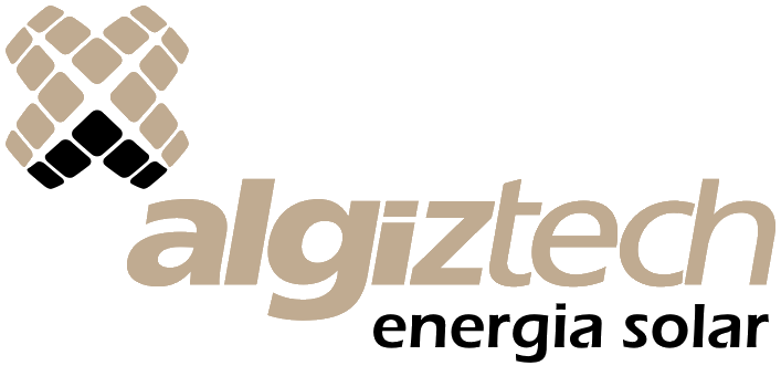 Logotipo da Algiztech Energia Solar com emblema geométrico bege e preto sobre fundo branco