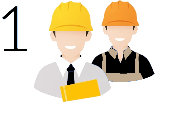 Dois operários da construção civil com capacetes, um deles segurando uma pasta amarela com a planta do projeto.
