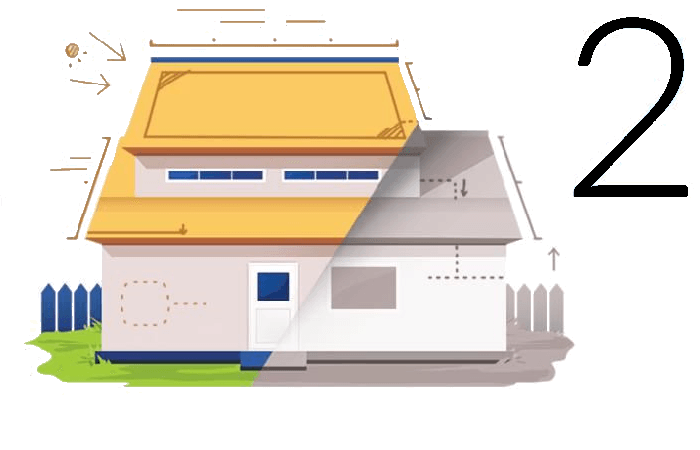 Ilustração de uma casa com telhado amarelo, ícone de sol e um grande número 2 à direita.