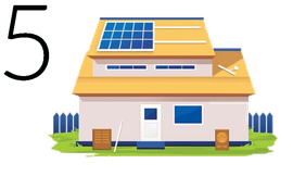 Casa com painéis solares no telhado, janelas e cerca azuis, com o número 5 ao lado.