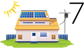 Casa com painéis solares sob o sol e um grande número 7 preto à direita.