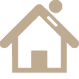 Ícone de casa bege com um ponto circular acima do telhado, semelhante a um logotipo de casa.