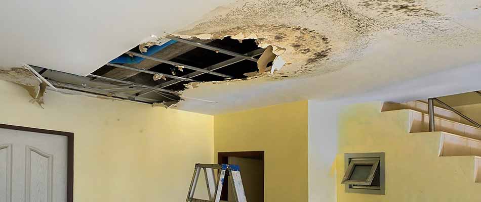 A room with a hole in the ceiling and a ladder.