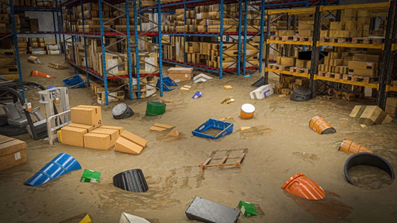 A warehouse filled with lots of boxes and containers on the ground.
